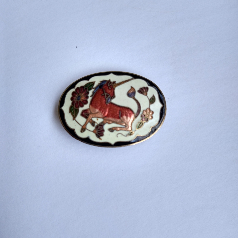 Elegant Cream and Red Unicorn Cloisonne Belt Buckle